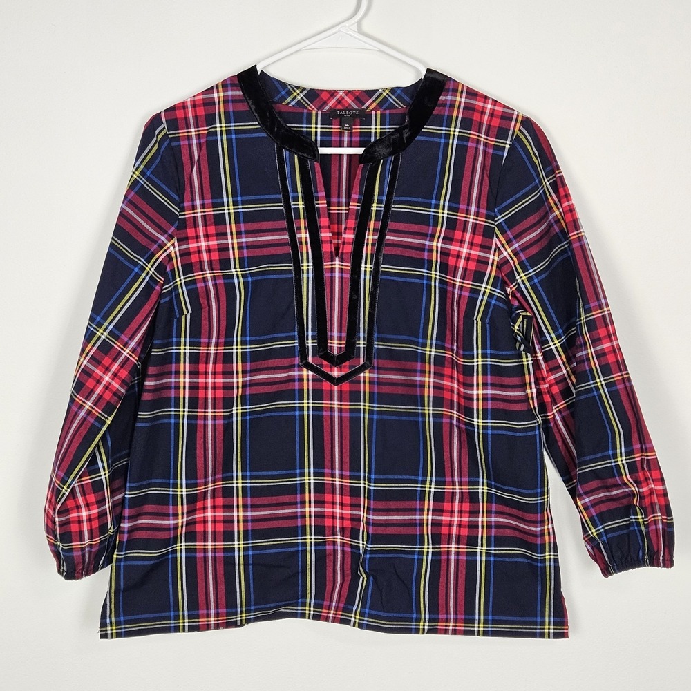 Talbots Split Neck Shirt PETITE Sz M MP Velvet‎ Trim Long Sleeves Cabin Plaid